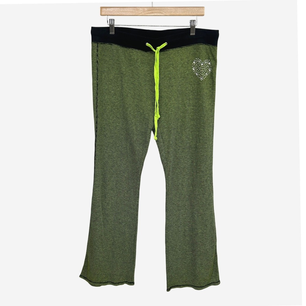 Y2K Derek Heart Flare Striped Sweatpants XL Rhinestone Heart Green Black Grunge